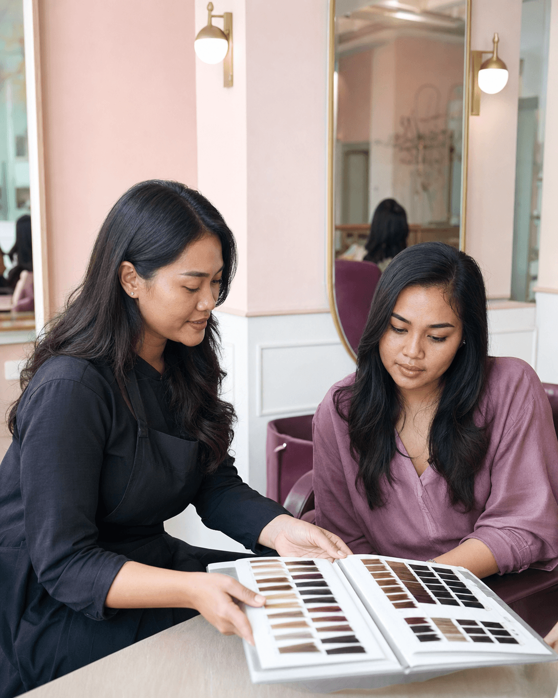 Stylist menunjukkan pilihan warna rambut